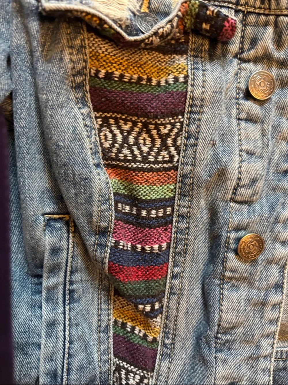 Free People Blue Denim Jacket with Multi-Color Inset Panels - Picture 4 of 6